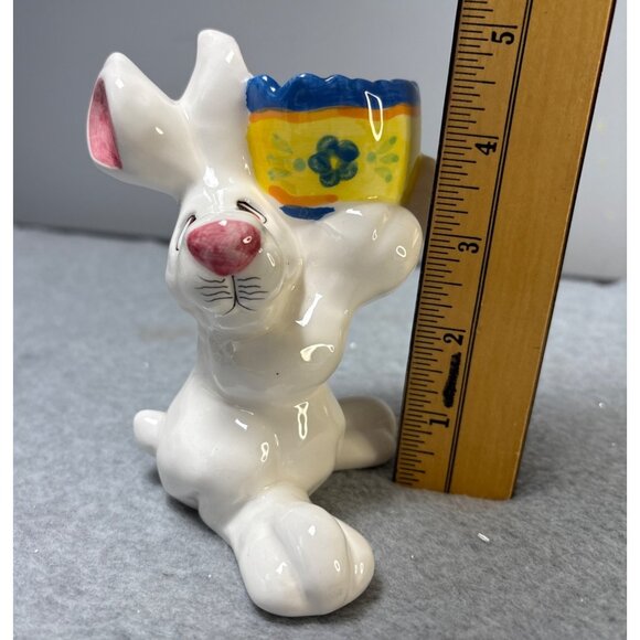 Ceramic Bunny Holding Colorful Egg Planter Figurine  6" tall - Picture 6 of 10